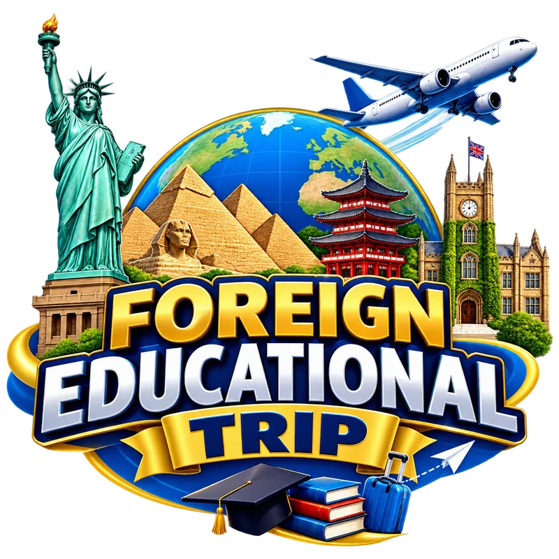 Foreign Educational Trip — globe, world landmarks and a plane